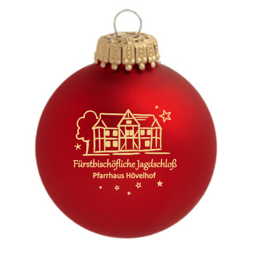 Hövelhof Jagdschloss Weihnachtskugel aus rotem Glas mit Motivdruck Rote Weihnachtskugel aus Glas mit goldenem Motivdruck des Fürstbischöflichen Jagdschlosses und der Beschriftung Pfarrhaus Hövelhof, mit goldfarbener Aufhängung.