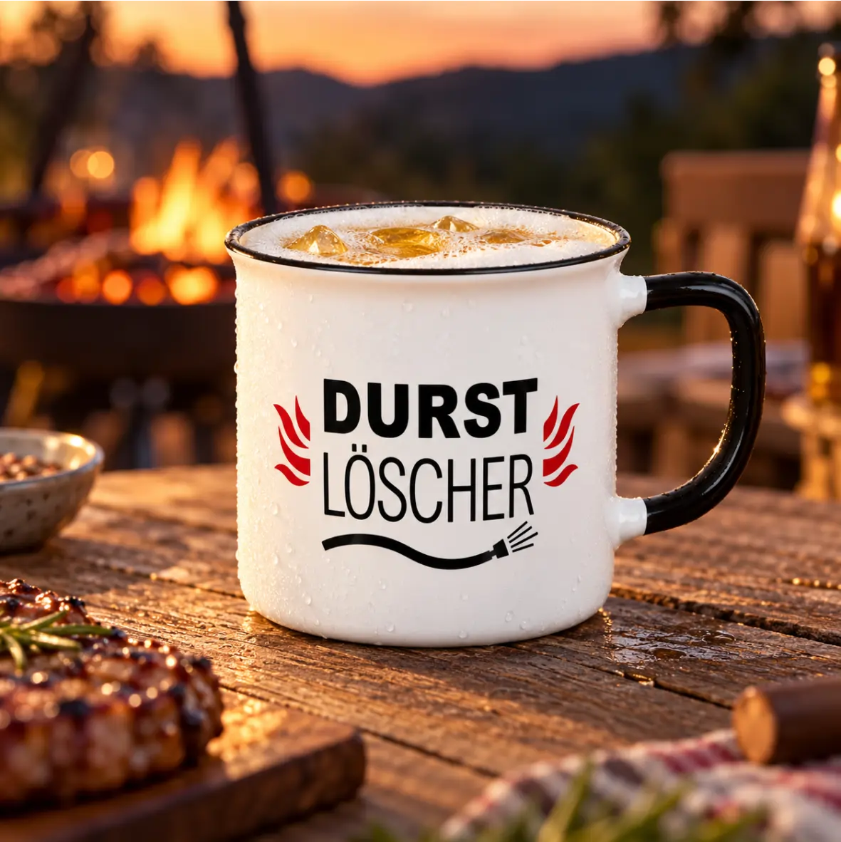 Keramik-Tasse Durstlöscher Becher, Milchkaffee, Kaffeetasse, Grillabend, Beschriftet