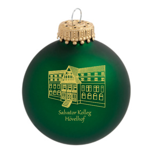 Hövelhof Salvator Kolleg Weihnachtskugel mit Gebäude-Motiv Grüne Hövelhof Salvator Kolleg Weihnachtskugel aus Glas mit goldfarbenem Aufdruck eines Gebäudes und dem Schriftzug Salvator Kolleg Hövelhof, mit goldfarbener Aufhängung