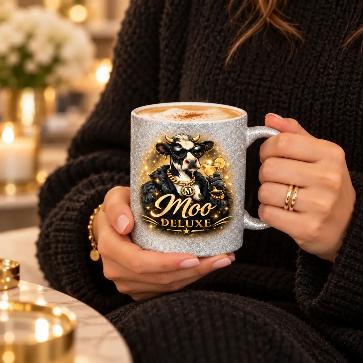 Tasse Moo Deluxe Kaffeebecher, Becher, Mug, Kuh-Motiv, glitzerndes Design