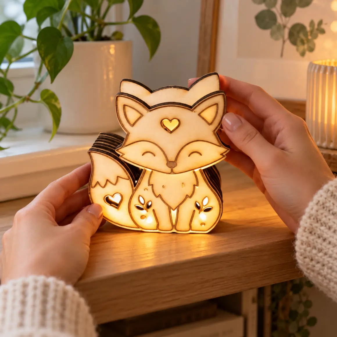 Warm leuchtender LED-Fuchs „Herbstlicht Fuchs“ aus hellem Sperrholz, von zwei Händen auf einer Tischplatte gehalten. Vorderansicht mit geschlossenen Augen, dunklen Konturen sowie herz- und blattförmigen Ausschnitten.