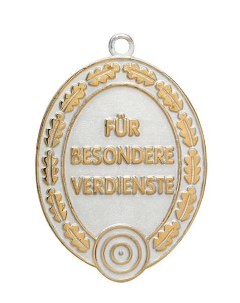 Verdienstanhänger versilbert, Schrift und Blätter vergoldet Verdienstanhänger versilbert, Schrift und Blätter vergoldet