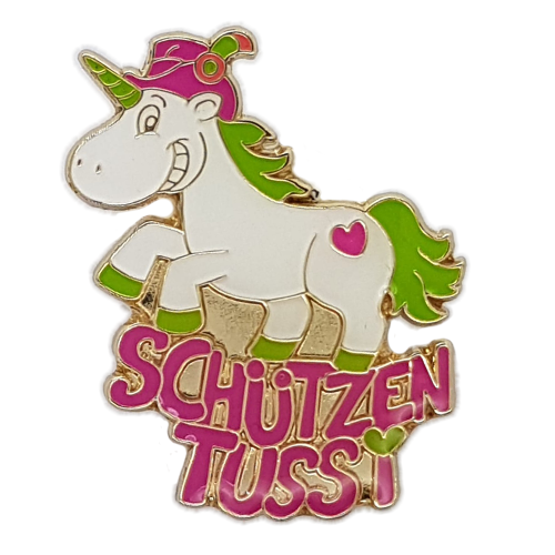 Schützentussibox mit Schützentussi-Abzeichen als Einhorn in Pink und Grün Schützentussi-Abzeichen für die Schützentussibox mit Einhorn-Motiv, pink-grüner Mütze, grüner Mähne und dem Schriftzug Schützen Tussi