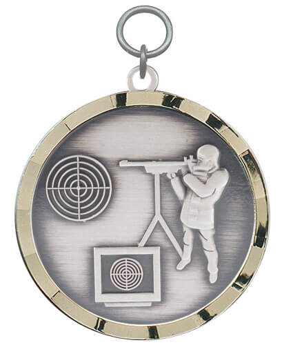 Anhänger Lichtpunkt mit Schützenmotiv und goldenem Rand Anhänger Lichtpunkt, rund mit goldenem Rand und Schützenmotiv: stehende Person mit Gewehr neben zwei Zielscheiben auf silberfarbener Fläche, mit Öse und Ring zur Befestigung