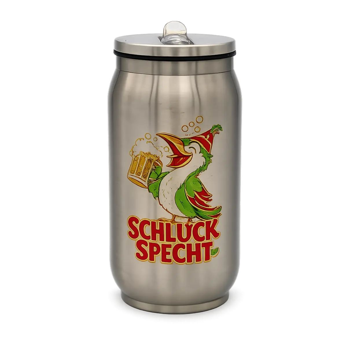 Thermodose Schluckspecht 250 ml – doppelwandiges Edelstahl-Trinkgefäß mit Trinkhalm Stainless steel can, Beer can, Stahldose, Trinkbehälter, Design mit Hahn