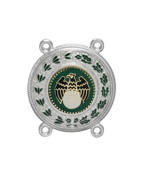 Kettenglied rund mit vergoldeter Auflage und Adler-Motiv für Königskette Rundes Kettenglied für eine Königskette mit vier Ösen, silberfarbener Oberfläche, grünem Eichenlaubkranz und mittiger vergoldeter Auflage mit Adler und Zielscheibe
