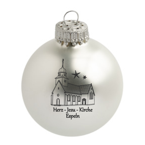 Hövelhof Herz Jesu Espeln Weihnachtskugel mit Kirchenmotiv Matte weiße Weihnachtskugel aus Glas mit schwarzem Motiv der Herz-Jesu-Kirche Espeln und Schriftzug Herz-Jesu-Kirche Espeln auf der Vorderseite.