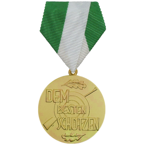 Medaille Gold „Dem besten Schützen“ mit grün-weißem Band Vergoldete Medaille „Dem besten Schützen“ mit Öse und Ring an einem grün-weißen Banddreieck; runde Medaille mit Schützenmotiv und Schriftzug auf der Vorderseite.