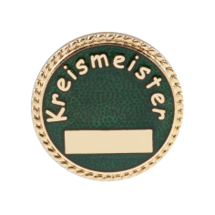 Abzeichen bronze mit langer Nadel, rundes Schützenabzeichen Kreismeister mit grünem Hintergrund Rundes Abzeichen bronze mit langer Nadel für Schützenverein, mit goldfarbenem Rand, grünem Hintergrund, Schriftzug „Kreismeister“ und rechteckigem Gravurfeld
