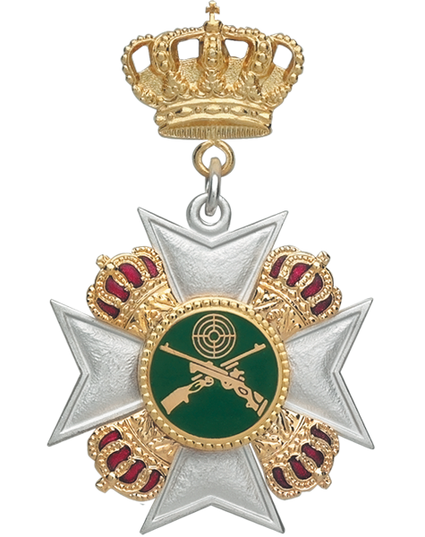 Königsorden mit goldener Krone, silbernem Kreuz und grüner Zielscheiben-Auflage Königsorden mit goldener Krone als Aufhängung, silbernem achtspitzigem Kreuz, vier goldenen rot hinterlegten Kronen und runder grüner Auflage mit Zielscheibe und gekreuzten Gewehren