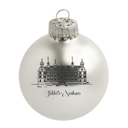 Schloß-Neuhaus Weihnachtskugel aus Glas mit Schlossmotiv Weiße Weihnachtskugel aus Glas mit silberfarbener Aufhängung und schwarzem Druckmotiv von Schloss Neuhaus mit Schriftzug Schloß-Neuhaus