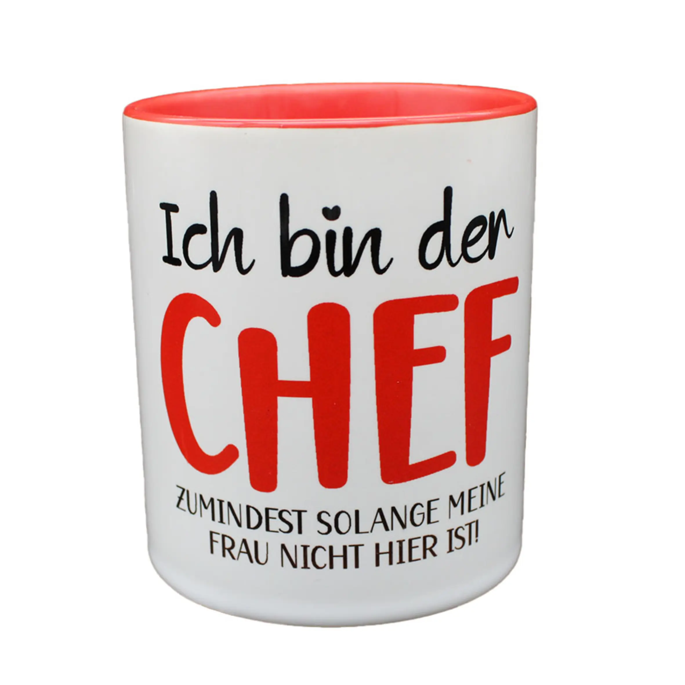Weiße TwoTone-Tasse mit roter Innenseite und Aufdruck Ich bin der Chef, zumindest solange meine Frau nicht hier ist auf der Vorderseite.