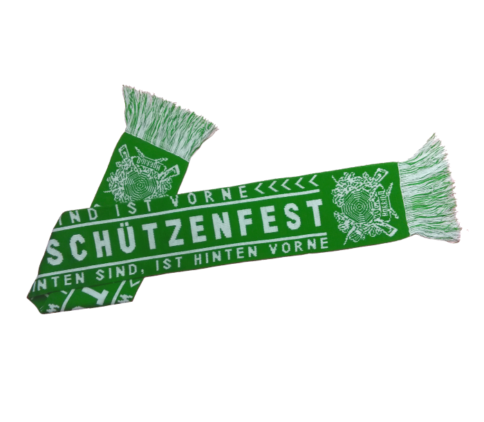 EinzigArt Schal wo wir sind ist vorne mit Schützenfest-Schriftzug in Grün und Weiß Grün-weißer Schal von EinzigArt mit Fransen, großem Schriftzug „Schützenfest“ und dem Spruch „Wo wir sind ist vorne“ im eingewebten Design.