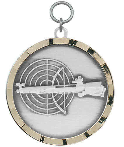 Anhänger Armbrust mit Zielscheibe und goldenem Rand Runder Anhänger Armbrust mit Zielscheibe auf silberfarbener Fläche und goldenem Rand, mit Öse und Ring zur Befestigung