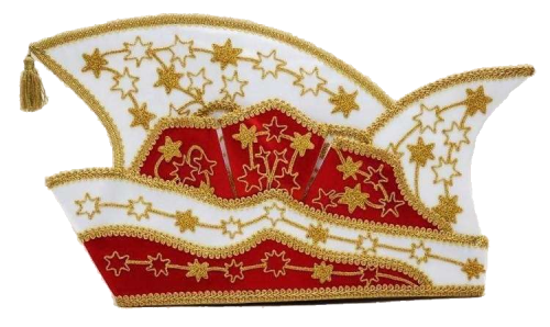 Prinzenmütze Sterne in Rot-Weiß mit goldenen Sternen Prinzenmütze „Sterne“ in Rot und Weiß mit geschwungener Form, goldfarbenen Sternstickereien, goldener Borte und kleiner Quaste am linken Rand