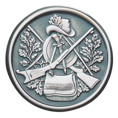 Auflage altsilber 38 mm mit gekreuzten Gewehren, Hut und Eichenlaub Runde Auflage in Altsilber, 38 mm, mit gekreuzten Gewehren, Schützenhut, Eichenlaub und Adlermotiv als dekorative Schützenauflage für Orden oder Anhänger