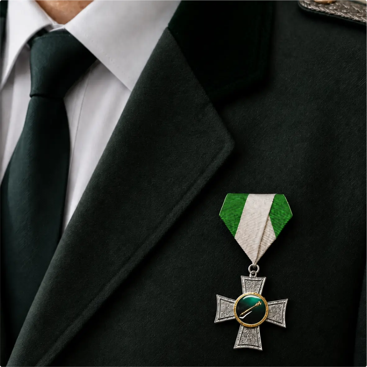 Medaille, Militär, grüner Ribbon, Kreuz Anhänger, Metall