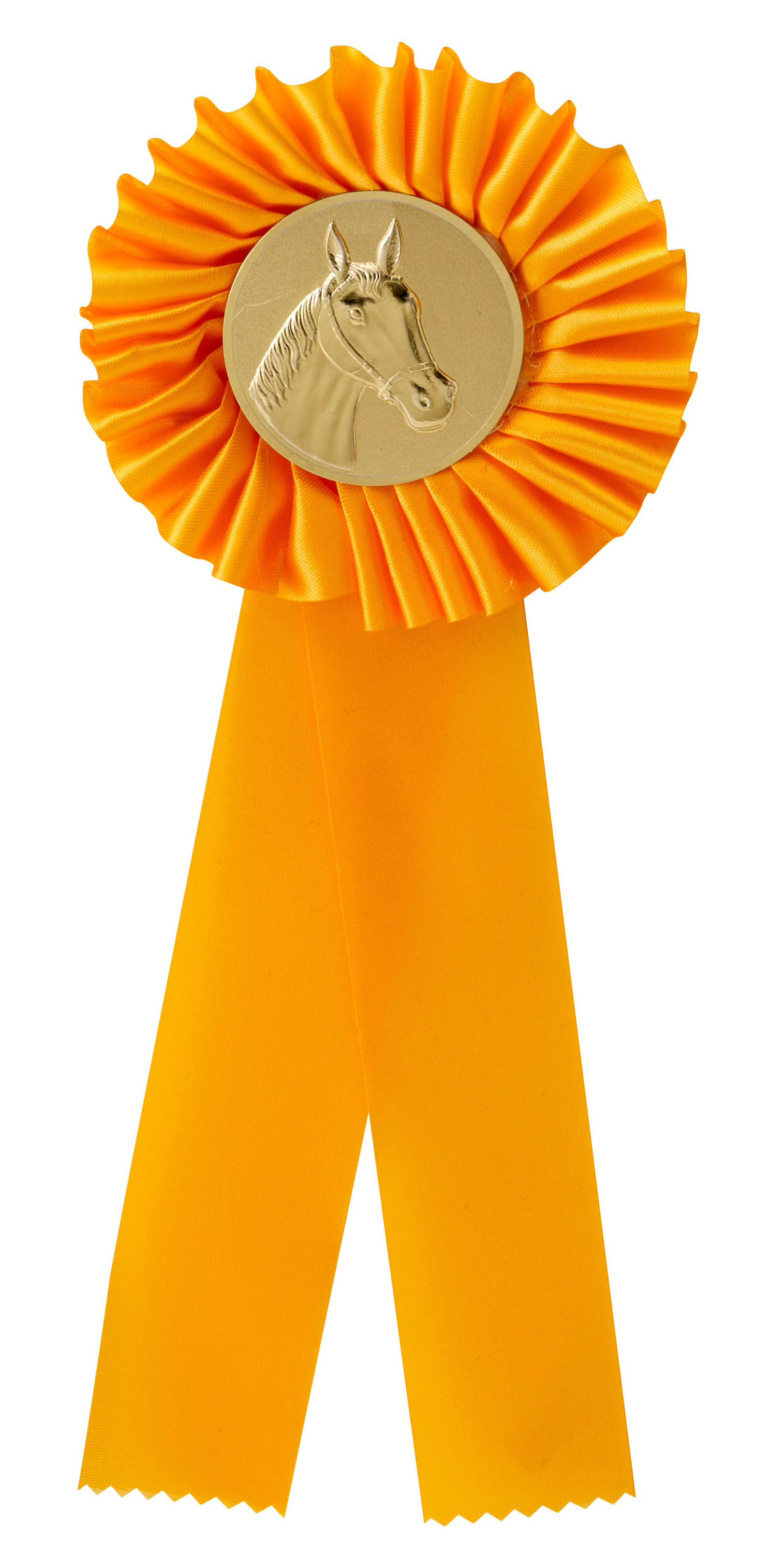 Einfache Rosette in Orange mit Metallemblem Pferdekopf Einfache Rosette in Orange mit gefälteltem Rosettenkranz, zwei langen Schleifenbändern und rundem Metallemblem in Goldoptik mit Pferdekopf-Motiv.