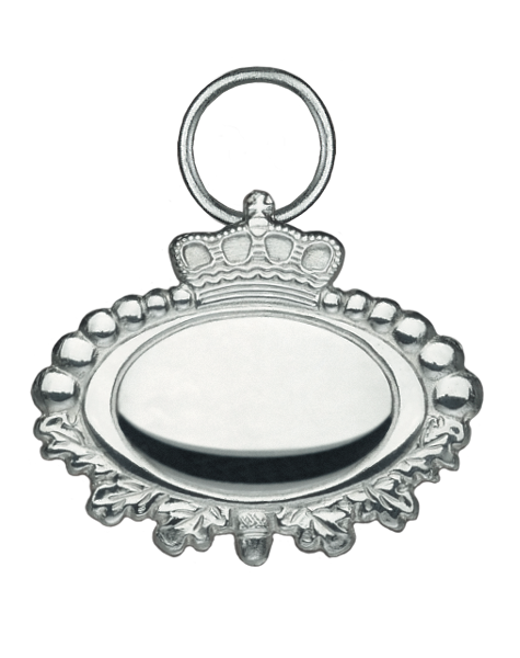 Königinnenanhänger versilbert, oval mit Krone und Öse Königinnenanhänger versilbert in ovaler Form mit glatter Innenfläche, Krone am oberen Rand, umlaufender Verzierung sowie Öse und Ring zum Anhängen