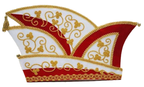 Prinzenmütze „Pik“ in Rot und Weiß mit goldener Verzierung Prinzenmütze „Pik“ von EinzigArt in Rot und Weiß, zweispitzige Form mit goldfarbenen Borten, geschwungenen Stickereien und kleinen Glöckchen an den Spitzen