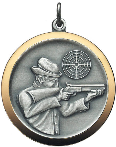 Medaille mit goldfarbig poliertem Rand 40 mm mit Schütze und Zielscheibe Runde Schützenmedaille 40 mm mit goldfarbig poliertem Rand, Öse und Ring. Vorderseite mit Schütze im Profil mit Gewehr sowie kleiner Zielscheibe.