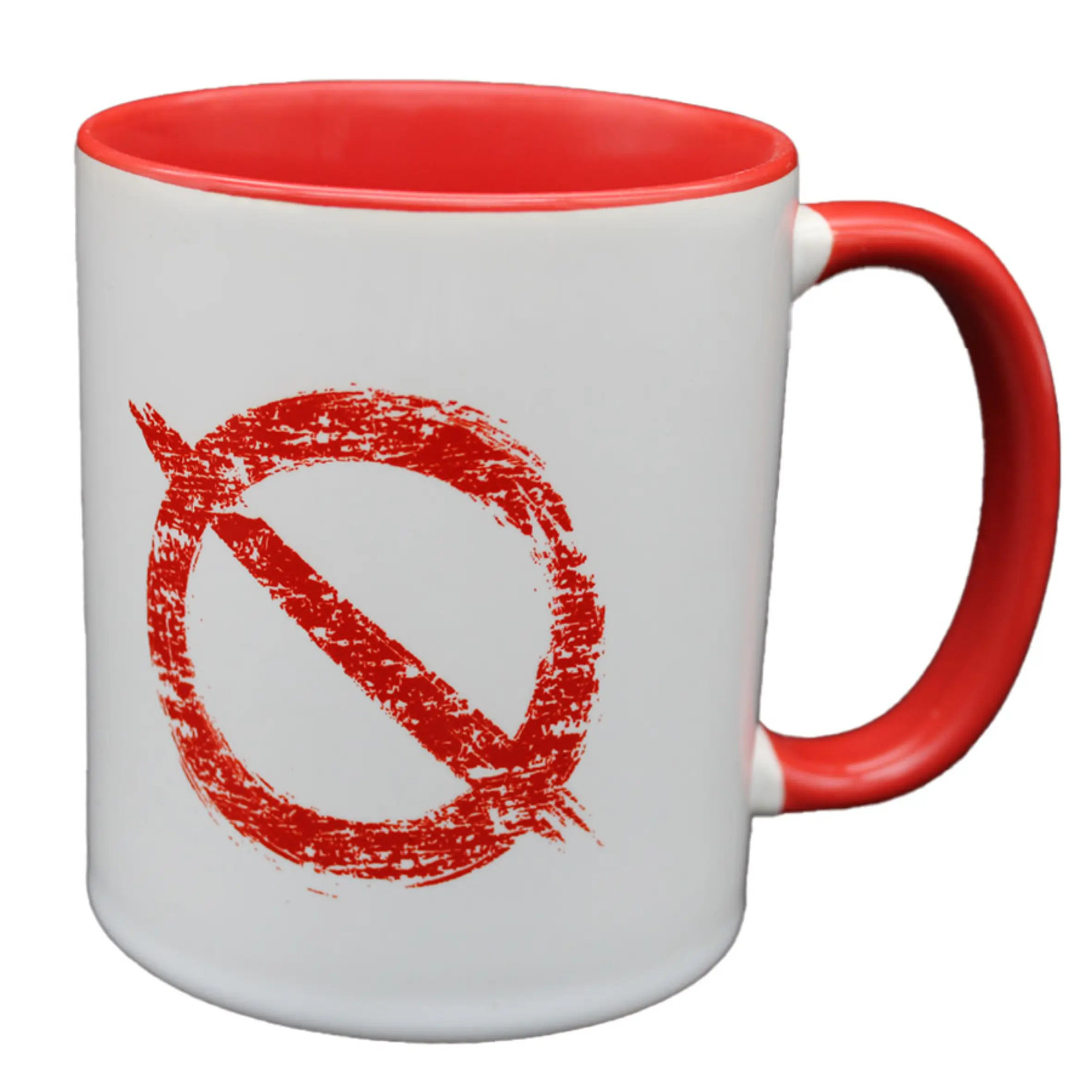 Weiße Tasse Ich würd ja aber ich will nicht mit roter Innenseite und rotem Henkel, auf der Vorderseite ein rotes durchgestrichenes Kreis-Motiv