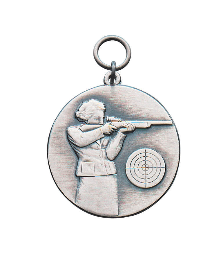 Medaille mit Dame und Zielscheibe, vergoldet Runde Medaille vergoldet mit Öse und Ring, Motiv einer Dame mit Gewehr neben kleiner Zielscheibe