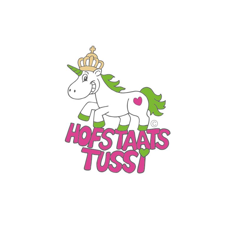 T-Shirt weiß Hofstaatstussi mit Einhorn und Schriftzug Weißes T-Shirt mit buntem Aufdruck: gekröntes Einhorn mit grüner Mähne, pinkem Herz und dem Schriftzug Hofstaatstussi in Pink.