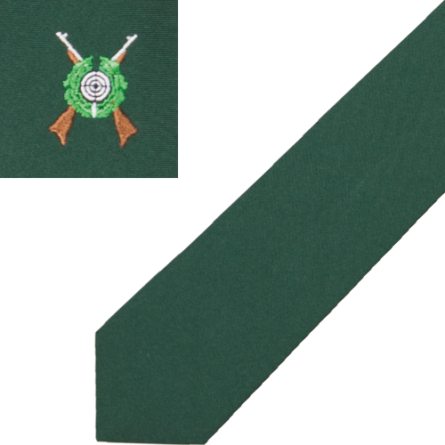 Schützenkrawatte Fresco in Grün mit gesticktem Schützenmotiv und Gummiband Grüne Schützenkrawatte Fresco mit gesticktem Motiv aus Zielscheibe, Eichenlaub und gekreuzten Gewehren; normal lange Form mit Gummiband.