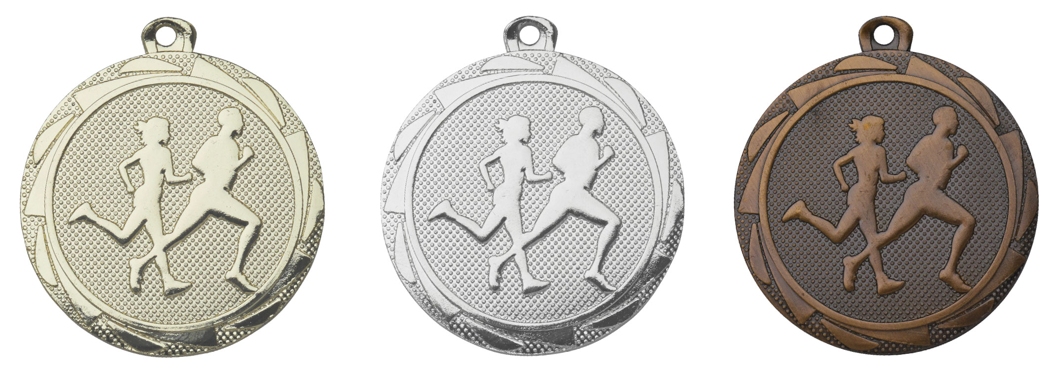 Medaille „Läufer/in“ mit Kranz von EinzigArt in Gold-, Silber- und Bronzeoptik Drei runde Medaillen „Läufer/in“ mit Kranz von EinzigArt, jeweils mit Öse oben und Motiv aus zwei laufenden Figuren auf strukturierter Fläche, in Gold-, Silber- und Bronzeoptik.