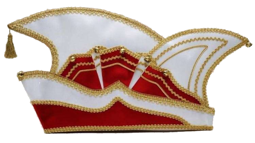 Prinzenmütze mit Glöckchen in Rot-Weiß mit goldfarbener Verzierung Prinzenmütze mit Glöckchen, rot-weiß gestaltet mit geschwungener Form, goldfarbener Borte, Quaste und elf kleinen Glöckchen; Sonderanfertigung von EinzigArt