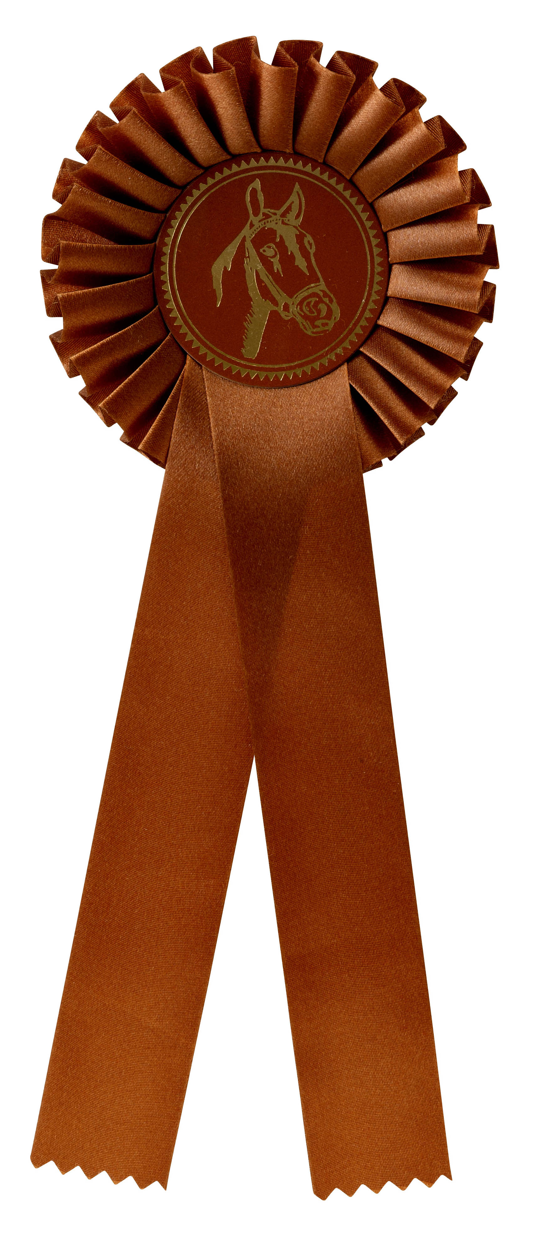 Einfache Rosette ohne Bandbedruckung in Braun mit Pferdekopf-Emblem Braune einfache Rosette ohne Bandbedruckung mit gefaltetem Rosettenkranz, zwei langen Schleifenbändern und rundem Mittelteil mit Pferdekopf-Emblem.