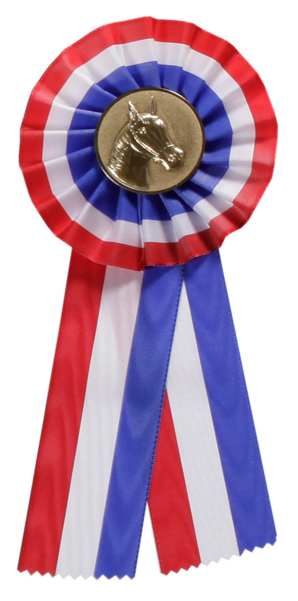 Länderrosette in Rot, Weiß und Blau mit Pferdekopf-Emblem Mehrfarbige Länderrosette mit gefaltetem Rosettenkranz in Rot, Weiß und Blau, zwei langen Schleifenbändern und rundem goldfarbenem Metallemblem mit Pferdekopf in der Mitte