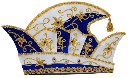 Prinzenmütze mit Strass in Blau-Weiß mit goldfarbener Verzierung Prinzenmütze mit Strass in Blau und Weiß, mit goldfarbener blumenähnlicher Verzierung, geschwungenem Aufsatz und kleinen Strasssteinen