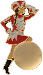 Karnevalsabzeichen Gold Karnevalsprinzessin mit bedruckbarer runder Fläche Karnevalsabzeichen Gold Karnevalsprinzessin als Anstecker in Form einer Prinzessin mit rotem Kleid, schwarzem Stiefel und goldfarbener runder Fläche für individuellen Druck