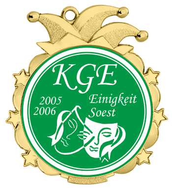 Medaille Gold mit Karnevalskappe und grünem Emblem Vergoldete Medaille mit Karnevalskappe, Sternenrand und rundem grünem Emblem mit Schriftzug sowie Maskenmotiv