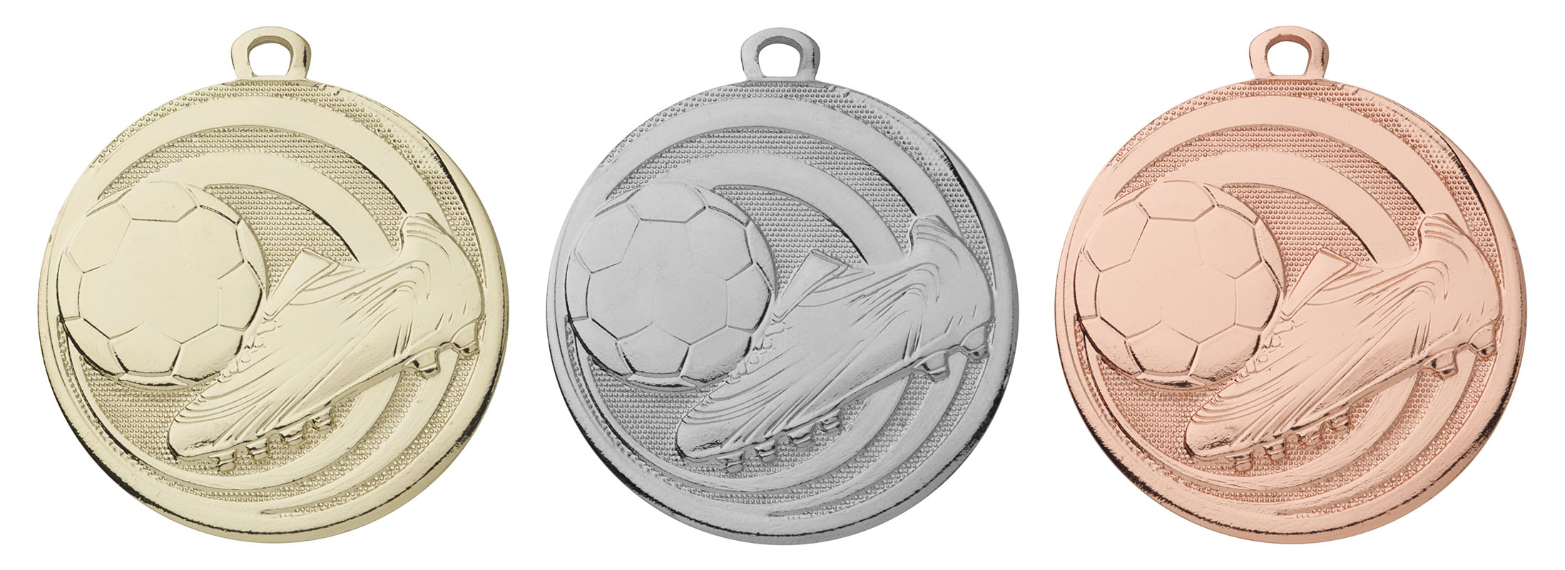 Medaille Fußball mit Fußball- und Schuhmotiv in Gold, Silber und Bronze Runde Medaille Fußball mit Öse und geprägtetem Motiv aus Fußball und Fußballschuh, dargestellt in goldfarbener, silberfarbener und bronzefarbener Ausführung.