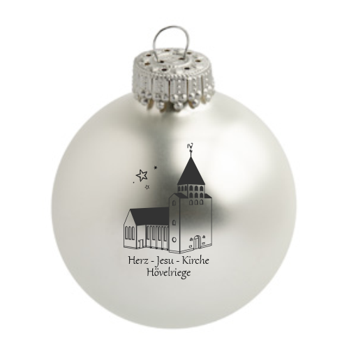 Hövelriege Herz-Jesu-Kirche Weihnachtskugel aus Glas Matte weiße Glaskugel mit silberner Aufhängung und aufgedruckter Illustration der Herz-Jesu-Kirche Hövelriege mit Schriftzug auf der Vorderseite.