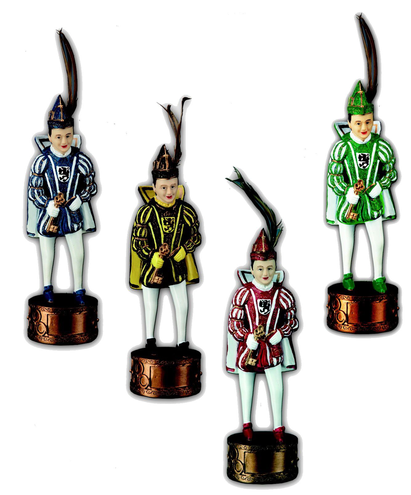 Prinz Karneval Figur grün-weiß mit Feder und Sockel Prinz Karneval Figur in grün-weiß, stehende Karnevalsfigur mit hoher Feder am Hut, weißer Strumpfhose, Zepter in der Hand und rundem Sockel mit Gravurfeld