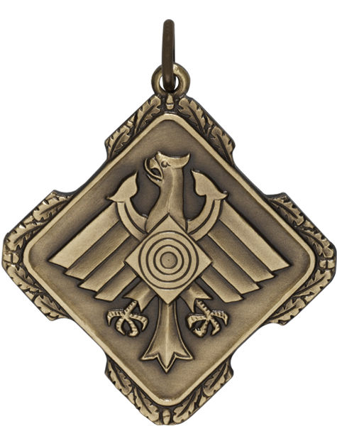 Medaille in Rautenform mit Adler und Zielscheibe Medaille 40 mm in Rautenform mit Schützenadler, kleiner Zielscheibe in der Mitte, Eichenlaubrand sowie Öse und Ring zur Befestigung, in bronzefarbener Optik