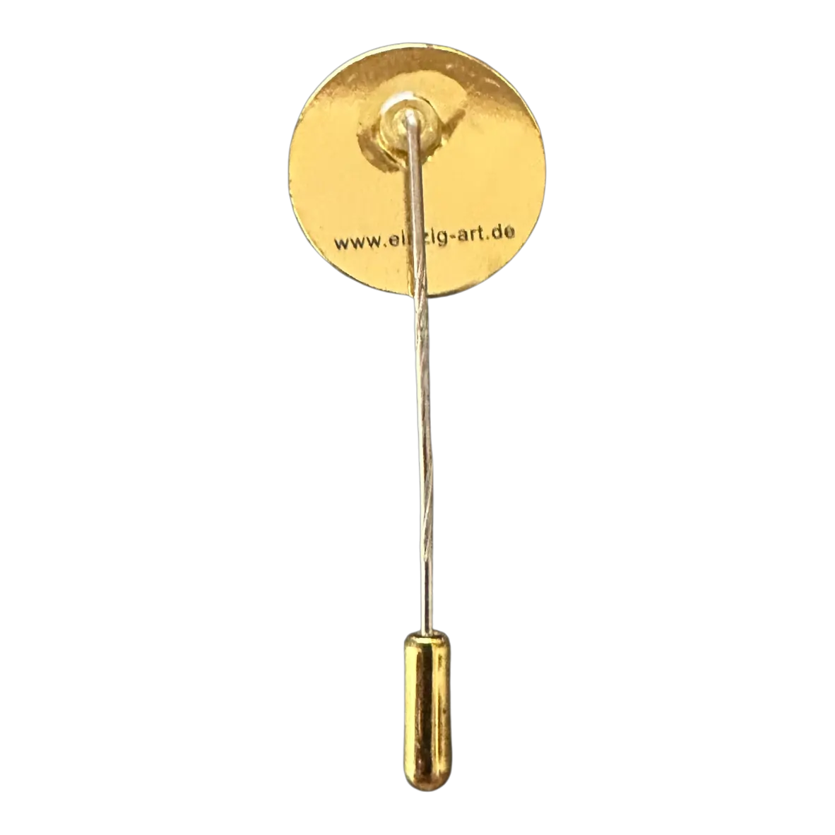 Rückseite der Auflage Bierkönig mit langer Nadel Rückseite der Auflage Bierkönig als runder goldfarbener Anstecker mit langer Metallnadel und goldfarbener Schutzkappe