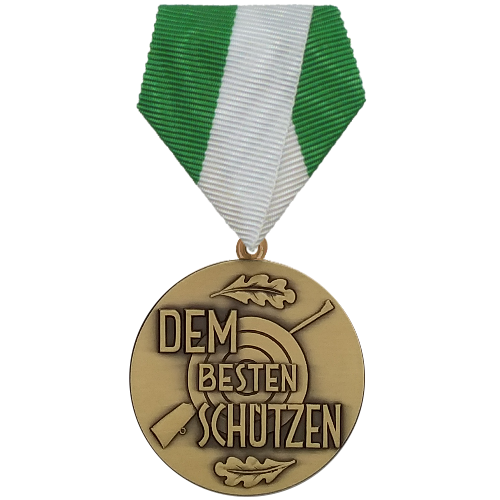 Medaille Bronze Dem besten Schützen mit grün-weißem Banddreieck Bronzefarbene Medaille Dem besten Schützen mit erhabenem Schriftzug, Zielscheibe, Gewehrmotiv und Eichenlaub, an grün-weißem Banddreieck mit Öse und Ring