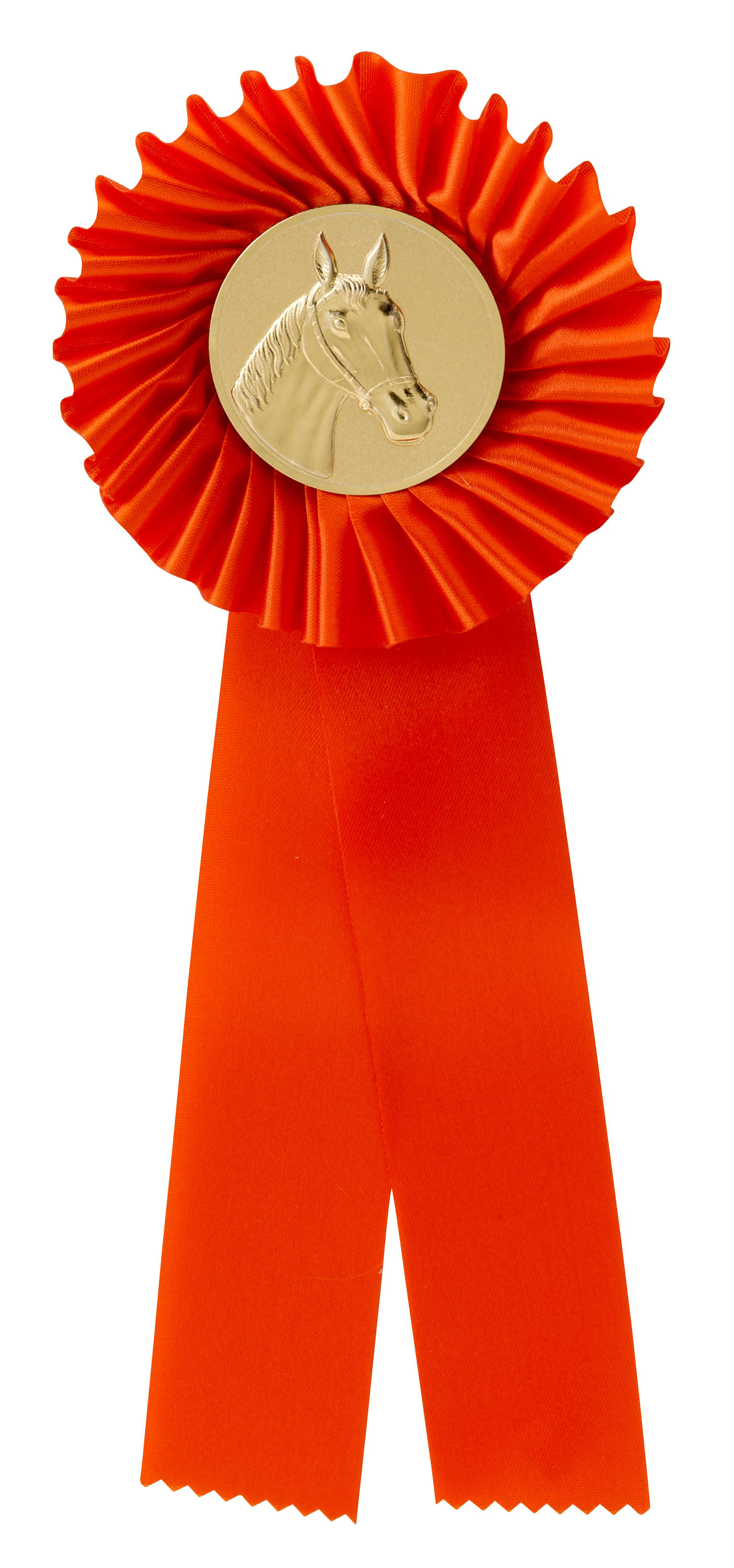 Einfache Rosette in Rot mit goldfarbenem Pferde-Emblem Rote einfache Rosette mit gefälteltem Rundteil, zwei langen Schleifenbändern und goldfarbenem Metallemblem mit Pferdekopf in der Mitte.