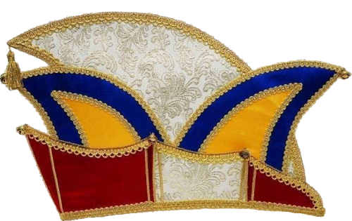 Prinzenmütze mit Silberbrokat in Rot, Blau, Gelb und Weiß Bunte Prinzenmütze mit Silberbrokat, goldener Borte und drei Glöckchen in Rot, Blau, Gelb und Weiß