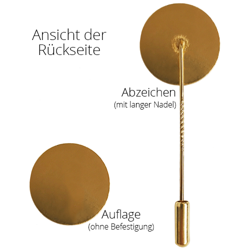 Abzeichen vergoldet Rückseite mit langer Nadel und Auflage ohne Befestigung Rückseite des vergoldeten Musikerabzeichens in runder Form, einmal als Abzeichen mit langer Nadel und einmal als Auflage ohne Befestigung