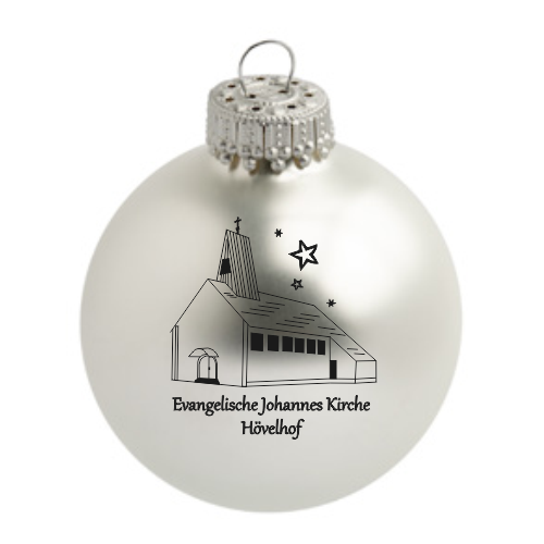 Hövelhof Evangelische Kirche Weihnachtskugel mit Motiv der Evangelischen Johannes Kirche Weiße Weihnachtskugel aus Glas mit schwarzem Motiv der Evangelischen Johannes Kirche Hövelhof und Sternen, mit silberfarbener Aufhängung