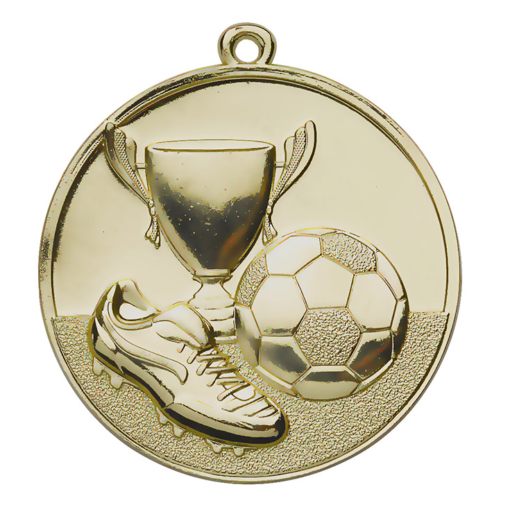 Medaille Fußball Gold mit Pokal, Fußball und Fußballschuh Runde goldfarbene Medaille Fußball mit Öse und Reliefmotiv aus Pokal, Fußball und Fußballschuh auf strukturierter Fläche.