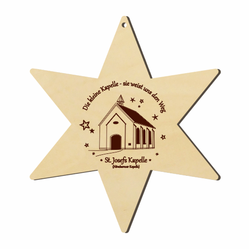 Hövelhof Senner Kapelle Holzstern mit gravierter Kapelle Sternförmiger Holzanhänger mit Lasergravur der St. Josefs Kapelle in Hövelhof sowie umlaufendem Schriftzug und kleinem Loch zum Aufhängen.