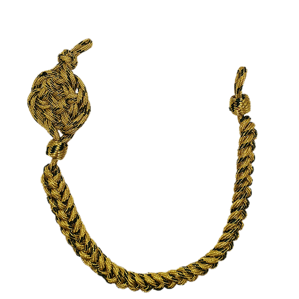Schützenschnur gold mit Rosette und geflochtener Kordel Schützenschnur in Gold mit runder Rosette links und geflochtener Kordel in U-Form, Uniformzubehör für Schützen