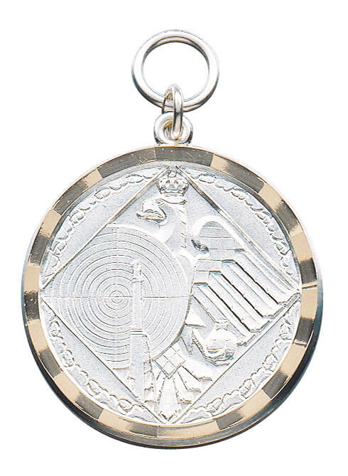 Anhänger vergoldet mit Adler, Zielscheibe und Eichenlaub Runder Anhänger vergoldet mit Öse und Ring, goldenem Rand sowie Motiv aus Eichenlaub, Adler und großer Zielscheibe für Schützen und Schützinnen